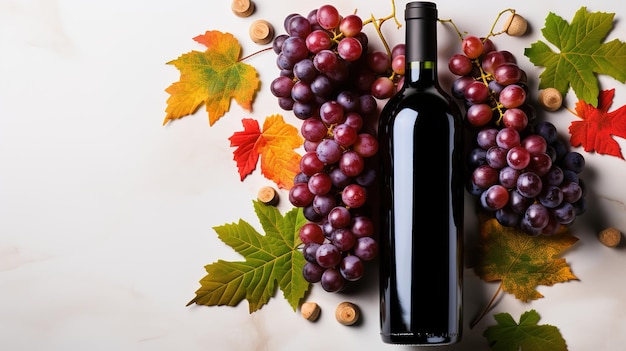 A bottle of red wine with a bunch of purple grapes and fall leaves