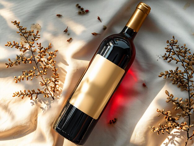 bottle of red wine with gold label mockup and flowers on silk background top view