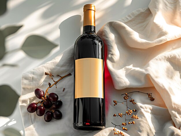 Photo bottle of red wine with gold label mockup and flowers on silk background top view