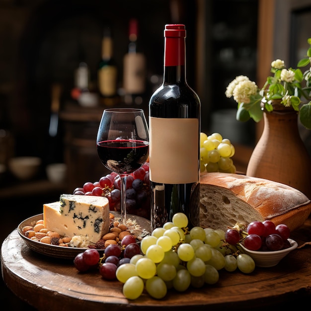a bottle of red wine with grapes and cheese around it ultra realistic image