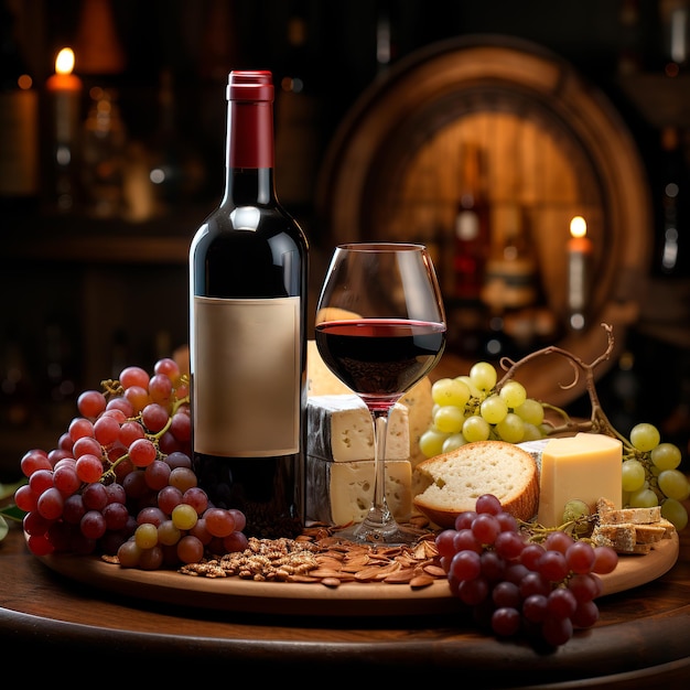 a bottle of red wine with grapes and cheese around it ultra realistic image