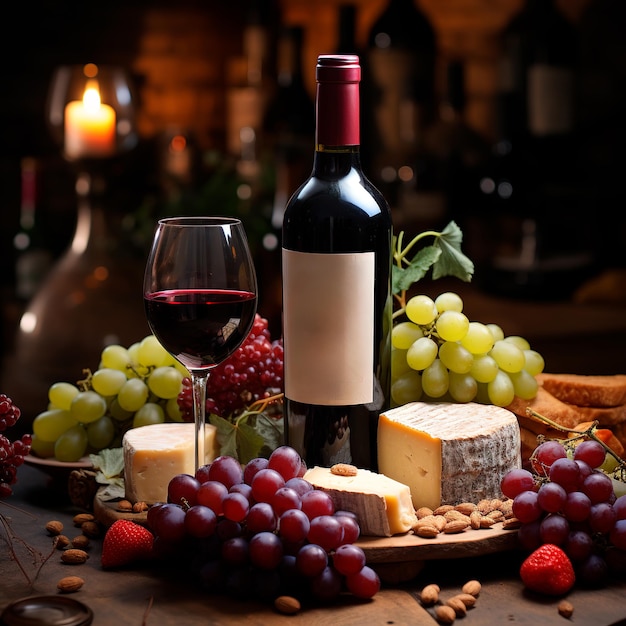 a bottle of red wine with grapes and cheese around it ultra realistic image