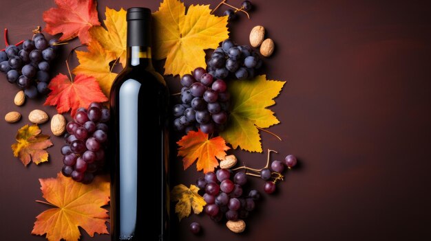 Photo a bottle of red wine with grapes and fall leaves