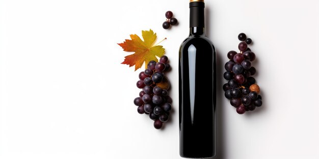 Bottle of red wine with ripe grapes and vine leaves on background