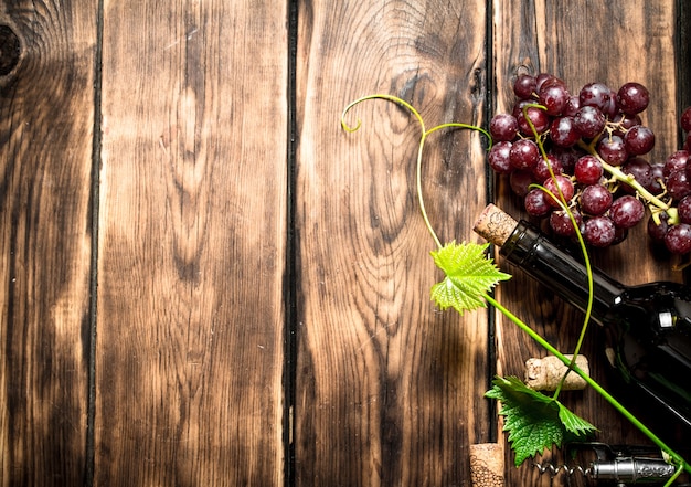 Bottle of red wine with a sprig of grapes. On a wooden table.