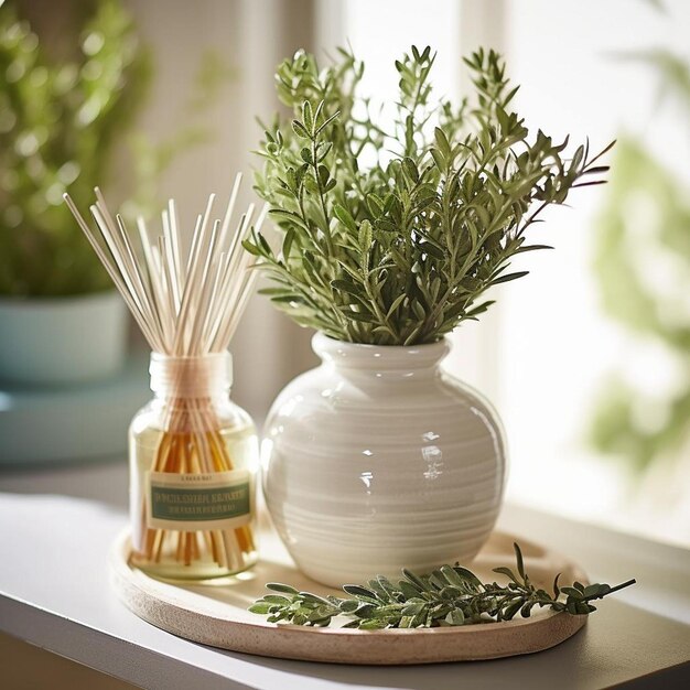 a bottle of rosemary sits on a tray with a bottle of olive oil.