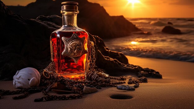 Bottle of Rum on a Beach with the Perfect Sunset