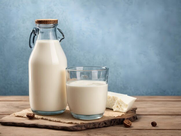 Foto una bottiglia di latte rustico e un bicchiere di latte su un tavolo di legno