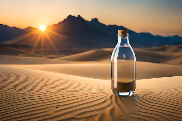 A bottle of sand in the desert with the sun setting behind it.