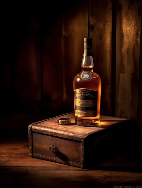 Photo a bottle of scotch whisky sits on a box with a lid that says'whisky'on it