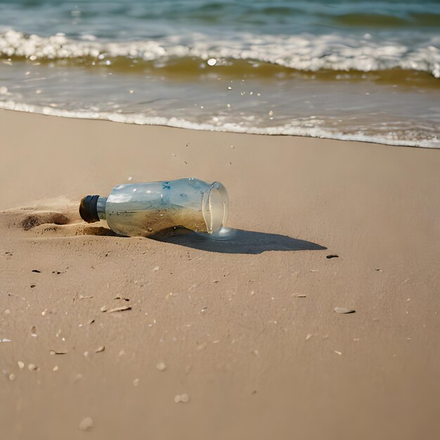 a bottle of sea shell is laying on the beach