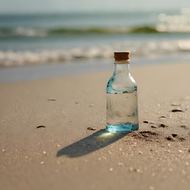 a bottle of sea shell sits on the beach with the ocean in the background