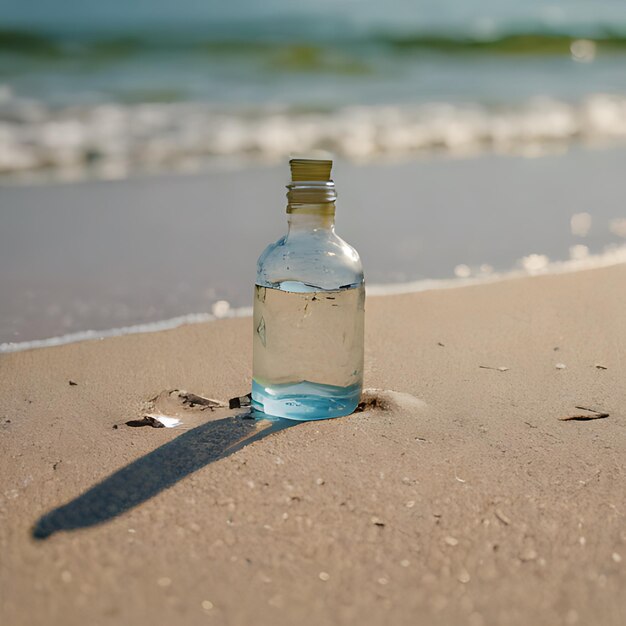 a bottle of seafoam sits on the beach