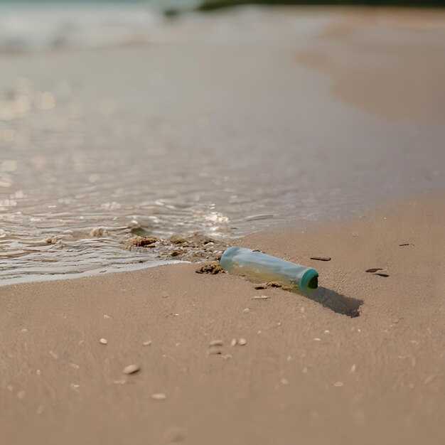 a bottle of seaweed is laying on the beach