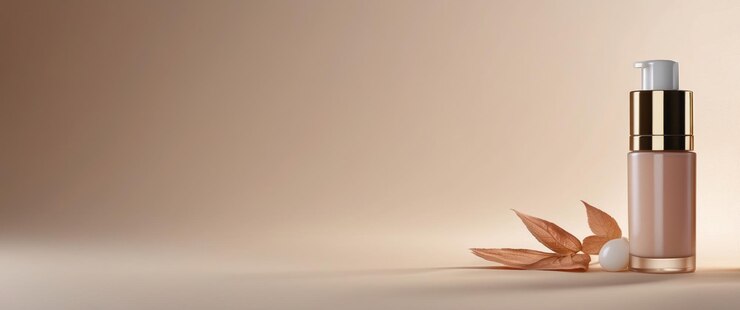 Photo a bottle of serum with a gold cap leaves and a pearl on a beige background