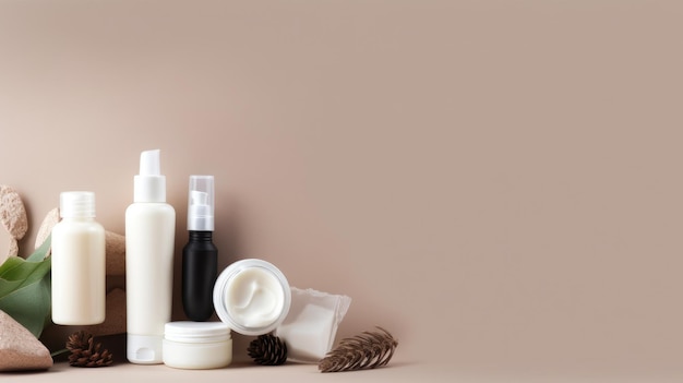 Photo a bottle of shampoo and lotion on a beige background