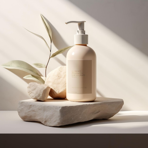 a bottle of shampoo sits on a rock with a plant in the background.