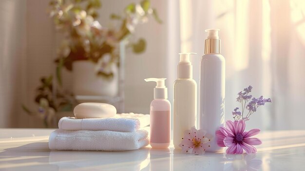 a bottle of shampoo sits on a table next to a bottle of lotion