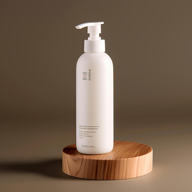 A bottle of shampoo sits on a wooden stand.