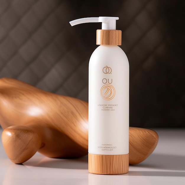 A bottle of shampoo with a wooden base.