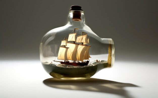 A bottle of ship in a bottle with a clear glass cover.