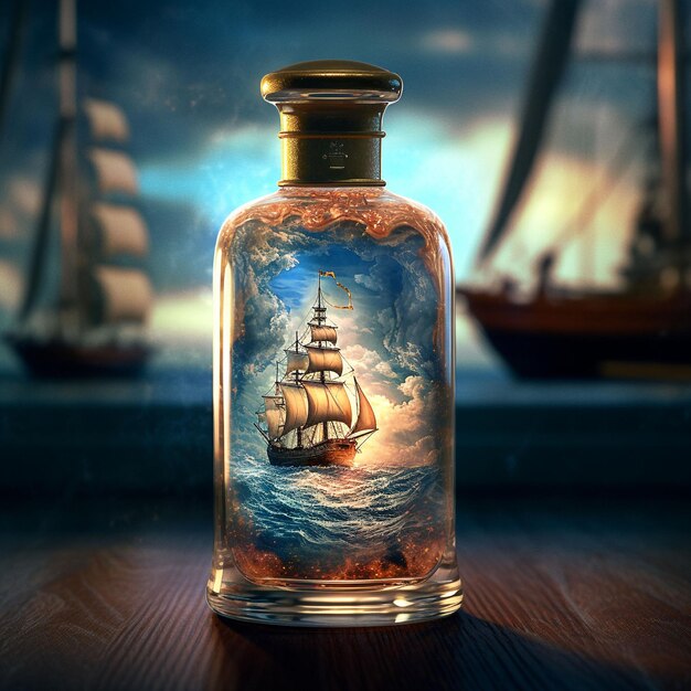 Photo a bottle of ship on a table with a blue background.