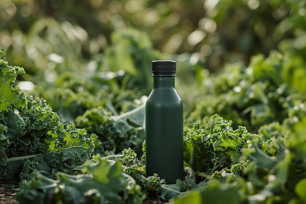 Foto una bottiglia posata nel mezzo di un campo di cavoli