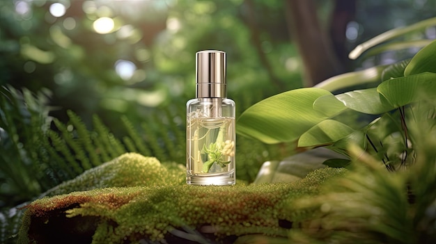 A bottle of skincare in natural environment close up