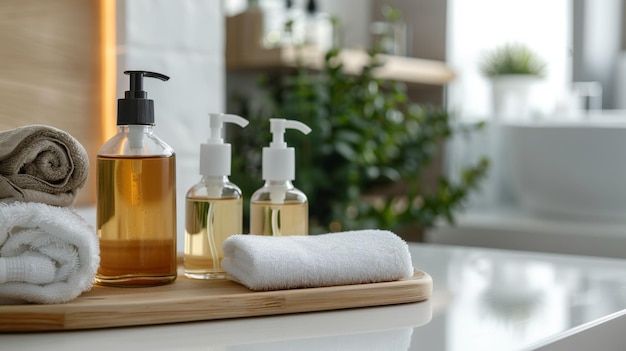 a bottle of soap sits on a wooden tray with a towel on it