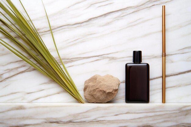 a bottle of soap next to a stone with a bottle of soap on it.