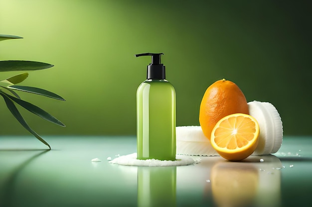 A bottle of soap with a green background and a orange on it.