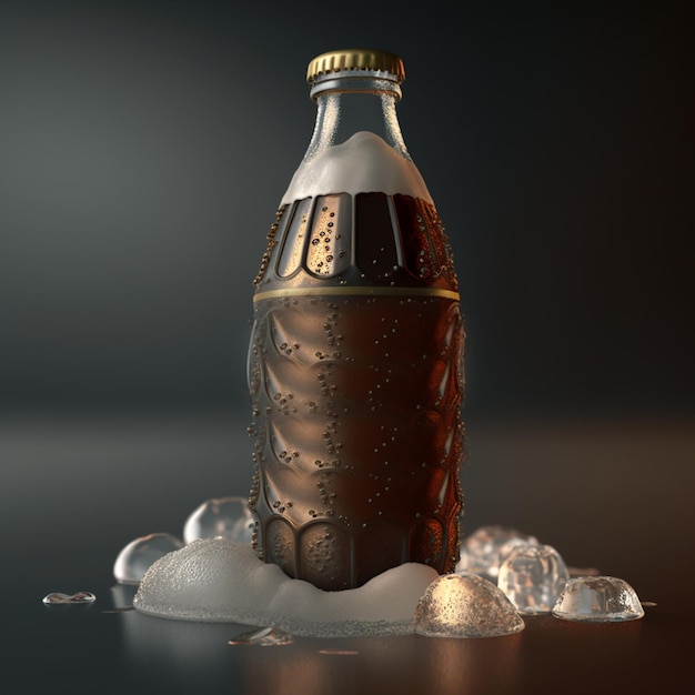 A bottle of soda sits in ice and has a label on it