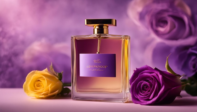 a bottle of souvenir with purple roses on the purple background