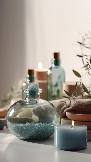 A bottle of spa bath salt sits in front of a candle.