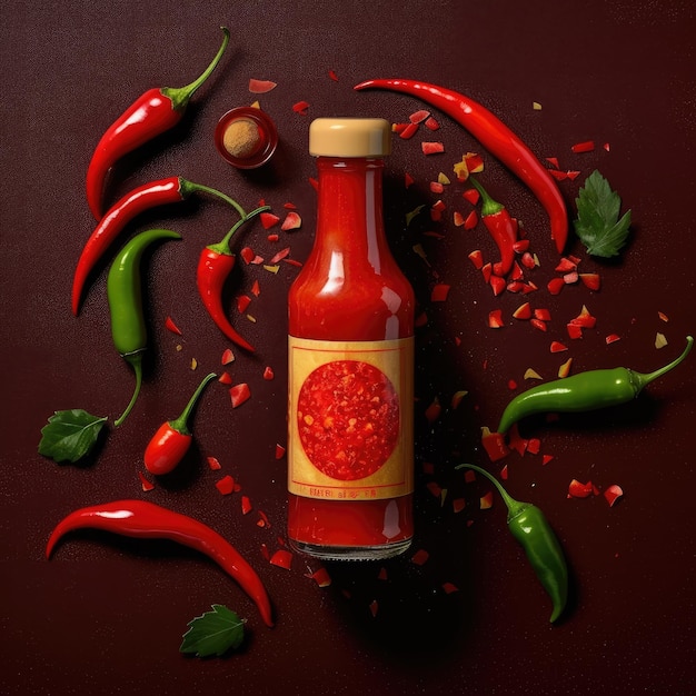 Bottle of spicy sauce with red hot chili pepper Generative AI