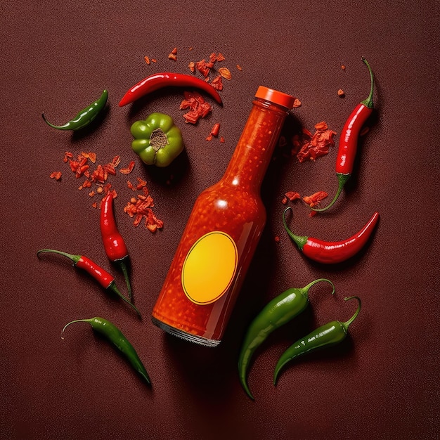 Bottle of spicy sauce with red hot chili pepper Generative AI