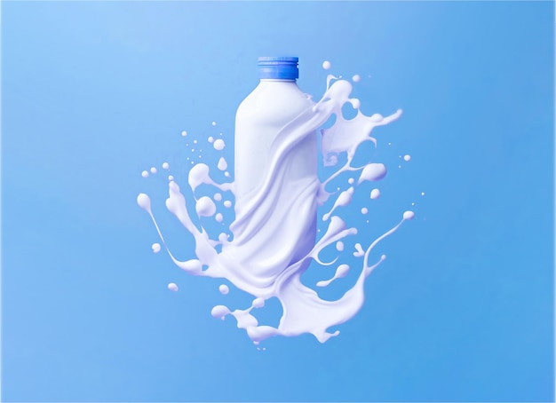 Бутылка и брызги молока на синем фоне Изображение создано AI