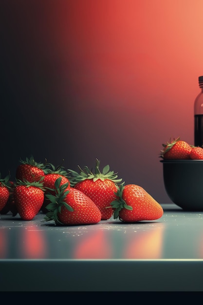 A bottle of strawberries next to a bowl of strawberries.