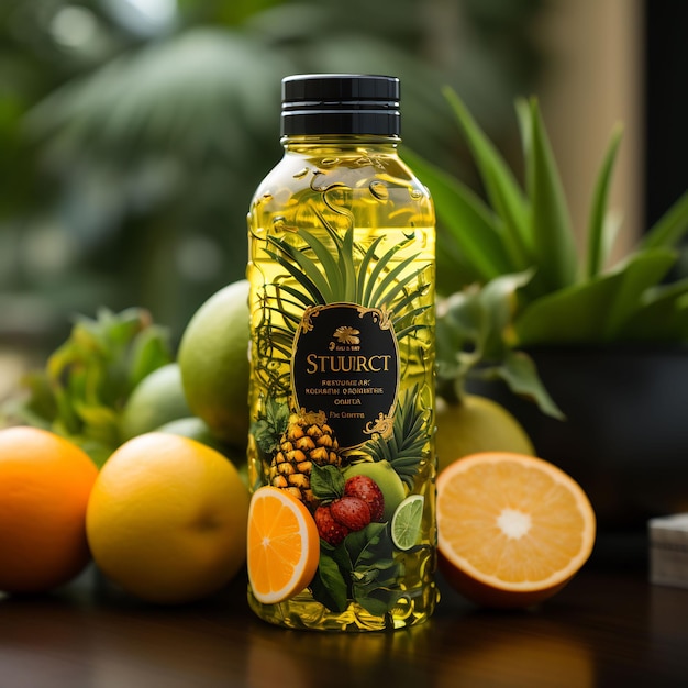 a bottle of sundried fruit sits on a table next to some fruit.