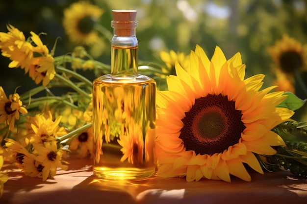 Bottle of sunflower oil with sunflowers on table outdoors