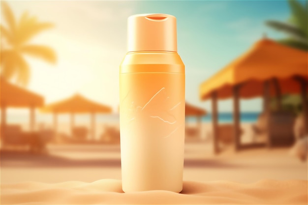 Photo bottle of sunscreen lotion on the sandy beach is the perfect representation of summer skin care