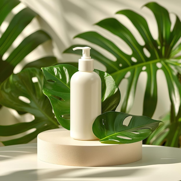 Bottle of sunscreen on a pedestal with green leaf on a li