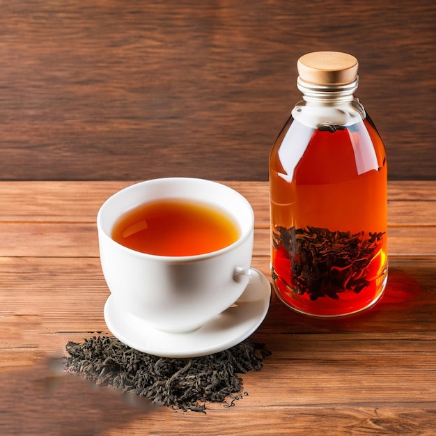 Photo a bottle of tea and a cup of tea on a table