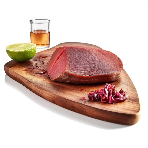 A bottle of tequila sits next to a piece of meat.