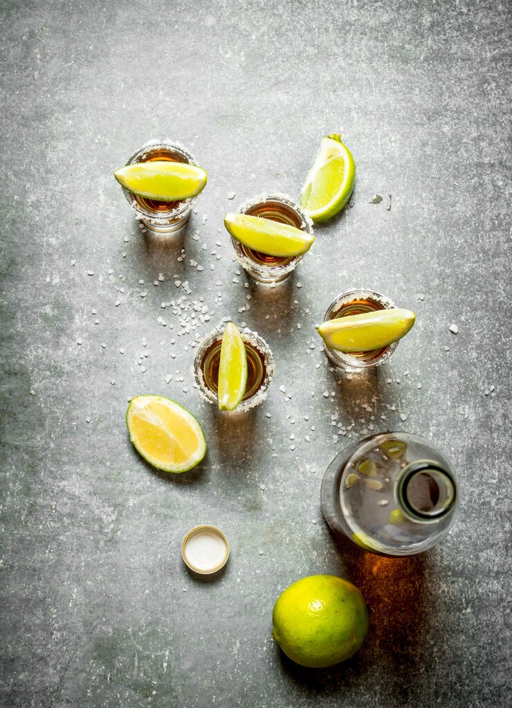 Photo bottle of tequila with lime and salt on stone table.