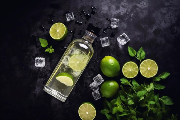 a bottle of tequila with limes and mint leaves