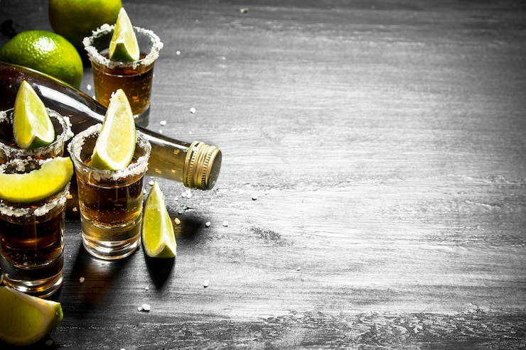 Photo bottle of tequila with shot glasses, fresh lime and salt. on the chalkboard.