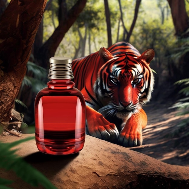 A bottle of tiger oil with a tiger in the background