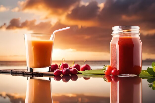 A bottle of tomato juice and a bottle of cherry tomatoes