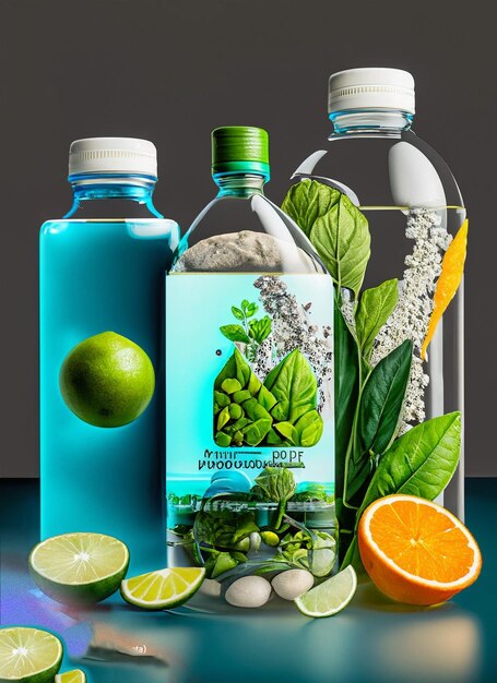 Photo a bottle of tropical mint water with a green leaf and oranges.